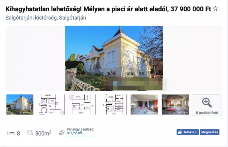 Íme a hirdetés. Számos képpel, méretes betűkkel hirdetik a leértékel Győzike-villát.