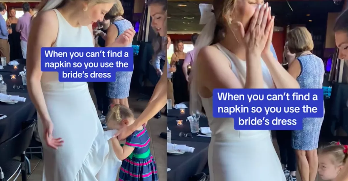 A menyasszony ruháját használta szalvétának a kislány az esküvőn - Videó